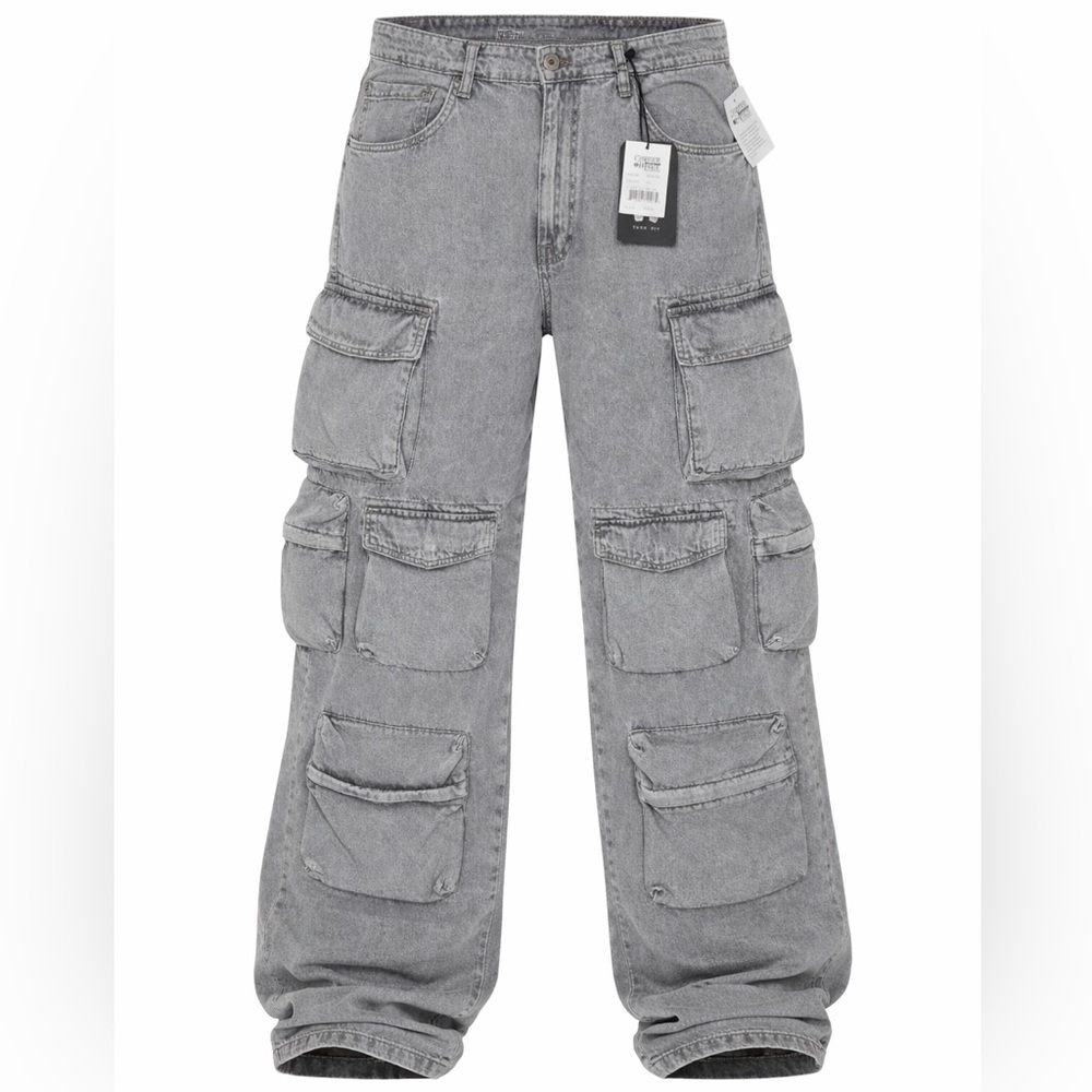 Copper Rivet 38x32 Gray 12 Pocket Cargo Jeans Comfort Fit Stacked Wide Leg NWT